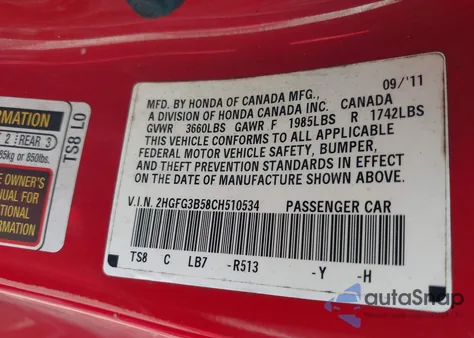 2012 Honda Civic Lx z USA, uszkodzony, nr VIN 2HGFG3B58CH510534